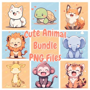 Cute Animals Bundle - 10 Adorable Chibi Cartoon Animals as Transparent PNG Designs, Digital Download of Clip Art for Creative Projects