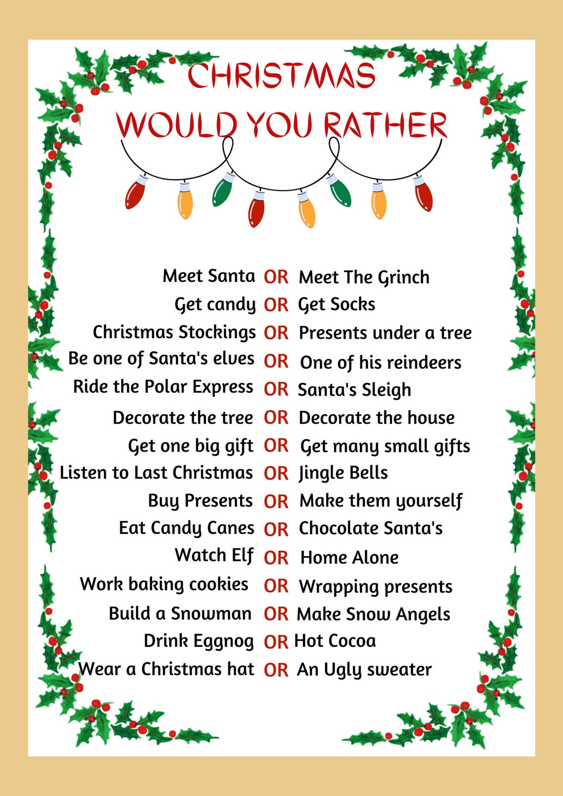 Christmas Would You Rather Game Etsy