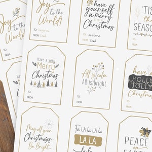 Afdrukbare kerstcadeaukaartjes goud en zwart met aanpasbare tekst