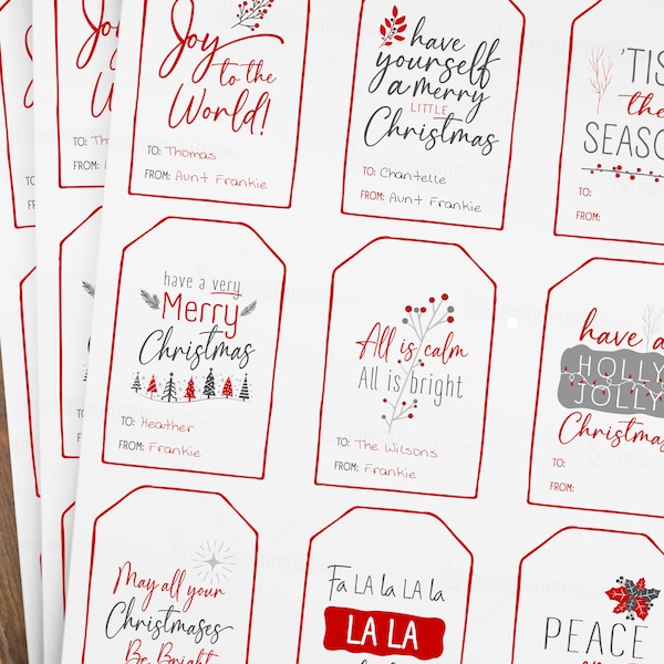 Etiquettes cadeaux de Noël imprimables rouges et grises avec texte personnalisable (pack de variétés)