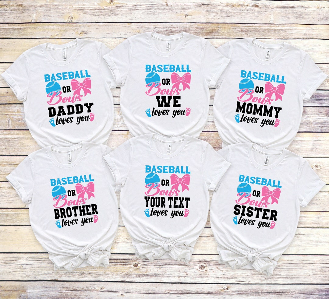 Baseball or Bow Gender Reveal Shirt, Custom Gender Reveal Party Shirts