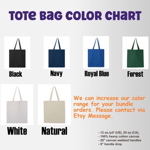Pode incluir: Carta de cores mostrando 10 cores diferentes de sacolas. As cores s&atilde;o: Preto, Marinho, Azul Royal, Floresta, Branco, Natural. As sacolas s&atilde;o feitas de lona de algod&atilde;o pesada 100% (12 oz./yd&sup2; (US), 20 oz (CA)) com al&ccedil;as de lona tran&ccedil;adas de 50,8 cm (20") e uma queda de al&ccedil;a de 22,9 cm (9"). Podemos aumentar nossa gama de cores para seus pedidos em pacotes. Entre em contato atrav&eacute;s do Etsy Message.