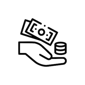 May include: A black and white line drawing of a hand holding out money. The money is in the form of bills and coins.