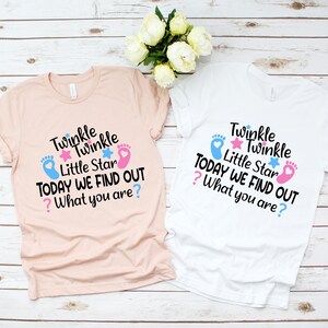 May include: Two gender reveal t-shirts with the text "Twinkle Twinkle Little Star Today We Find Out? What You Are?" on a pink and white background.
