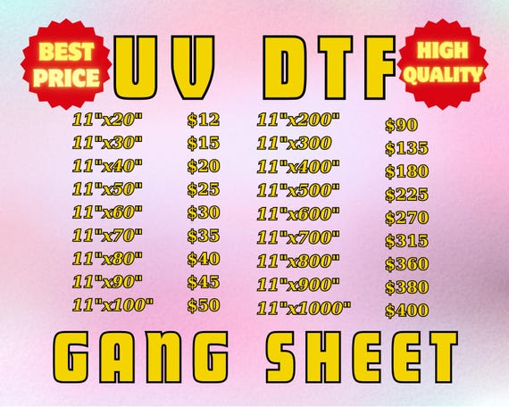 Custom UV DTF Transfer Gang Sheets, UV Dtf Stickers, Ready to Apply, Permanent Durable Vibrant Uv Dtf, Easy to Use, Uv Dtf Cup Wrap Printing
