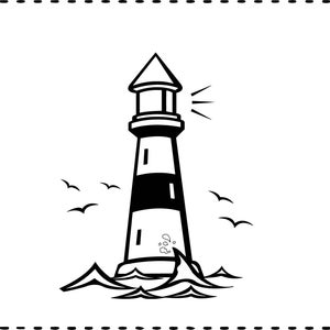 May include: Black and white illustration of a lighthouse with a beam of light shining from the top. The lighthouse is standing in the ocean with waves crashing around it.