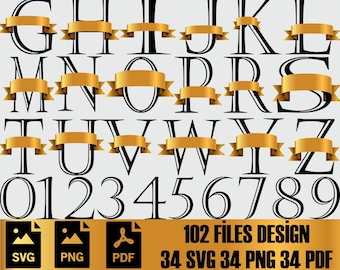 Op de afbeelding: Zwarte en gouden digitale ontwerpelementen met het alfabet, cijfers en bestandstype-pictogrammen. Elke letter en elk cijfer heeft een gouden lint in het midden. De afbeelding bevat de tekst "102 FILES DESIGN" en bestandstype-informatie.