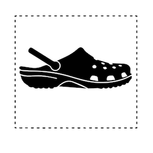 May include: Black silhouette of a clog shoe with a strap. The shoe has a textured sole and a rounded toe.