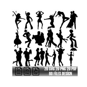 May include: A set of 20 black and white silhouette images of couples dancing. The images are in various poses and styles. The text "20 SVG 20 PNG 20 PDF 60 FILES DESIGN" is at the bottom of the image.
