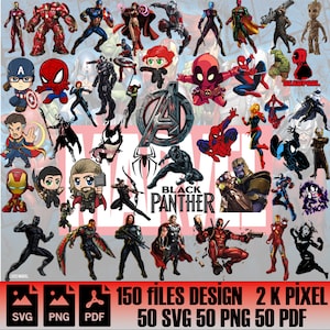 May include: A collection of 150 Marvel superhero character illustrations in SVG, PNG, and PDF formats. The images feature popular characters like Iron Man, Spider-Man, Black Panther, and Deadpool. The images are designed in a 2K pixel resolution.