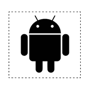May include: Black and white illustration of the Android robot mascot inside a dashed square.