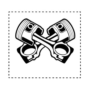 Puede incluir: Ilustración en blanco y negro de dos bielas de pistón cruzadas. Los pistones están detallados con ranuras y un agujero para pasador. Las bielas están conectadas a los pistones con un anillo circular.