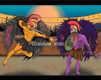 Puede incluir: Dos figuras aladas en una arena de gladiadores, una con alas negras y un cuerpo amarillo, la otra con alas moradas y un cuerpo morado. La figura con alas negras sostiene una espada, la figura con alas moradas sostiene un escudo y un garrote con púas. El texto "@rainbow_erotic" es visible en la imagen.