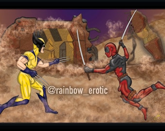 Wolverine vs Deadpool: ingelijste komische gevechtskunst, popprint superheld, decor gay geek