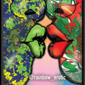 Framed Print Floral LGBTQ+ Art - Vibrant Gay First Kiss Print, Bold Pride Decor, Romantic Art, Colourful Love Illustration, Gift for Him