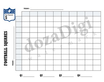 May include: A printable football squares game template with a grid of 100 squares. The squares are labeled with numbers 1 through 100. The template includes spaces for team names and scores for each quarter.