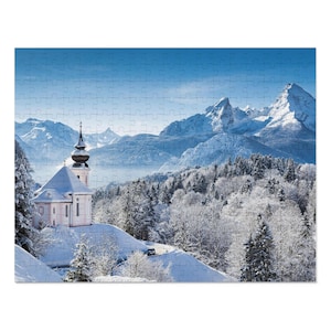 Jigsaw Puzzle, Snowy Mountain Church Scene, Winter Puzzle Game in Tin, Relaxing Holiday Activity, Unique Gift Idea for Puzzle Lovers, Home