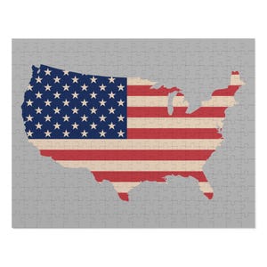 Jigsaw Puzzle, American Flag USA Shape, Patriotic Gift, Tin Box, Puzzling Challenge, Independence Day Activity