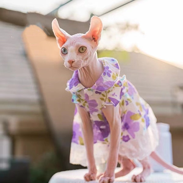 Cat Sphynx Dress with Purple Flowers - Cat and Dog Clothes