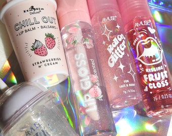 Gloss lot cute kawaii rose pink glitter pailleté baume a lèvre fruity fruit peche