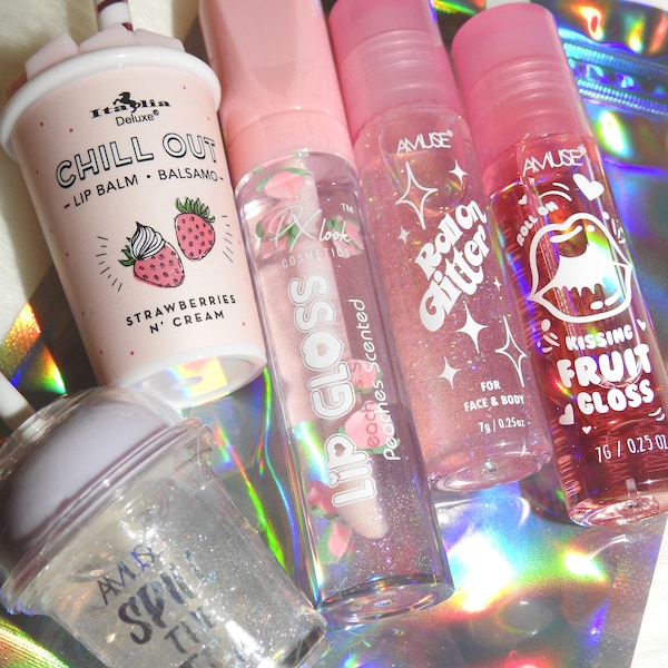 Gloss lot cute kawaii rose pink glitter glitter lip balm fruity fruit peach