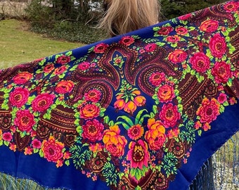 very gorgeous vintage style Ukrainian Russian rose pattern on bright blue wool and viscose pavlova shawl wrap