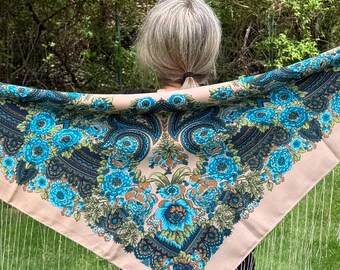 Beige Blue Floral Folk Shawl Cotton Blend Vintage Inspired Fringe Wrap