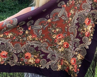 Wool Floral Fringe, Pavlovo Posad Style , Brown Paisley Russian Ukrainian Shawl, Vintage Boho Wrap