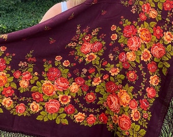 Gorgeous vintage Ukrainian/Russian pavlova shawl with orange, rust, green and brown floral pattern on reddish brown or burgundy base