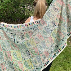 Very soft and light light ivory scarf with multicolored &quot; pink, aqua, navy blue, yellow, green &quot; paisley pattern