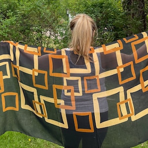 Very soft and light beige and brown square geometric design on black scarf shawl wrap