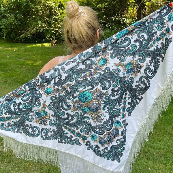 Vintage style Ukrainian/Russian teal, beige and blue floral paisley pattern on white satin silky feeling shawl wrap