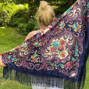 Vintage style Ukrainian/Russian teal, cream and maroon floral paisley pattern on navy blue satin silky feeling shawl wrap. Sold as is.
