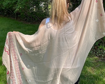 Light Beige Cotton Scarf – White and Maroon Embroidery, Soft Summer Shawl