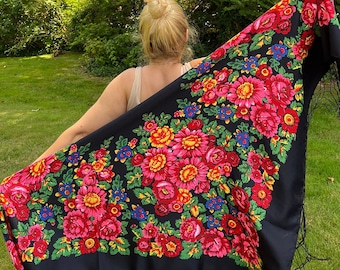 Vintage-Style Floral Rose Shawl, Ukrainian/Russian Design, Black Fringe (54x54)