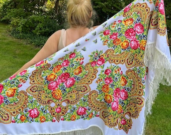 Floral Fringe Lightweight Russian Style Boho Head Scarf, Gift for Her, Vintage Inspired Shawl