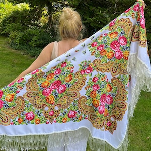 Vintage style Ukrainian/Russian green, hot pink, yellow and blue floral rose pattern on white silky feeling shawl wrap