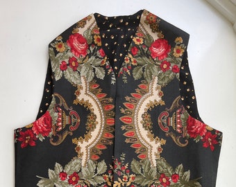 Very beautiful, unique hand made beige and red floral pattern on charcoal base color vest coat