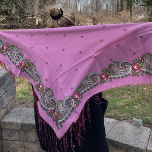 Vintage style Ukrainian Russian pink floral pattern shawl with red floral and green paisley pattern