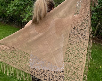 Very soft and light- triangle shaped-beige lace scarf with floral, square, arabesque pattern