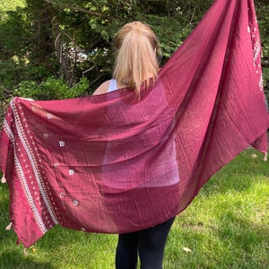 Very beautiful red maroon color- very soft cotton scarf with white and beige embroidery pattern