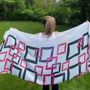 Very soft and light black and red square geometric design on white scarf shawl wrap