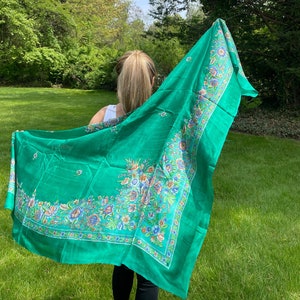 Very light green silk neck or bikini scarf with blue/brown floral pattern