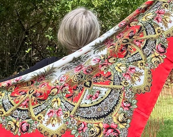 Turkish Floral Folk Shawl Red Ivory Fringe Wrap Vintage Inspired Scarf