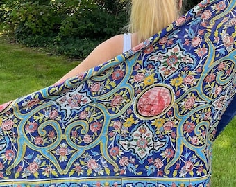 Blue Floral Tile Shawl Cotton Blend Lightweight Scarf Square Wrap Gift Women
