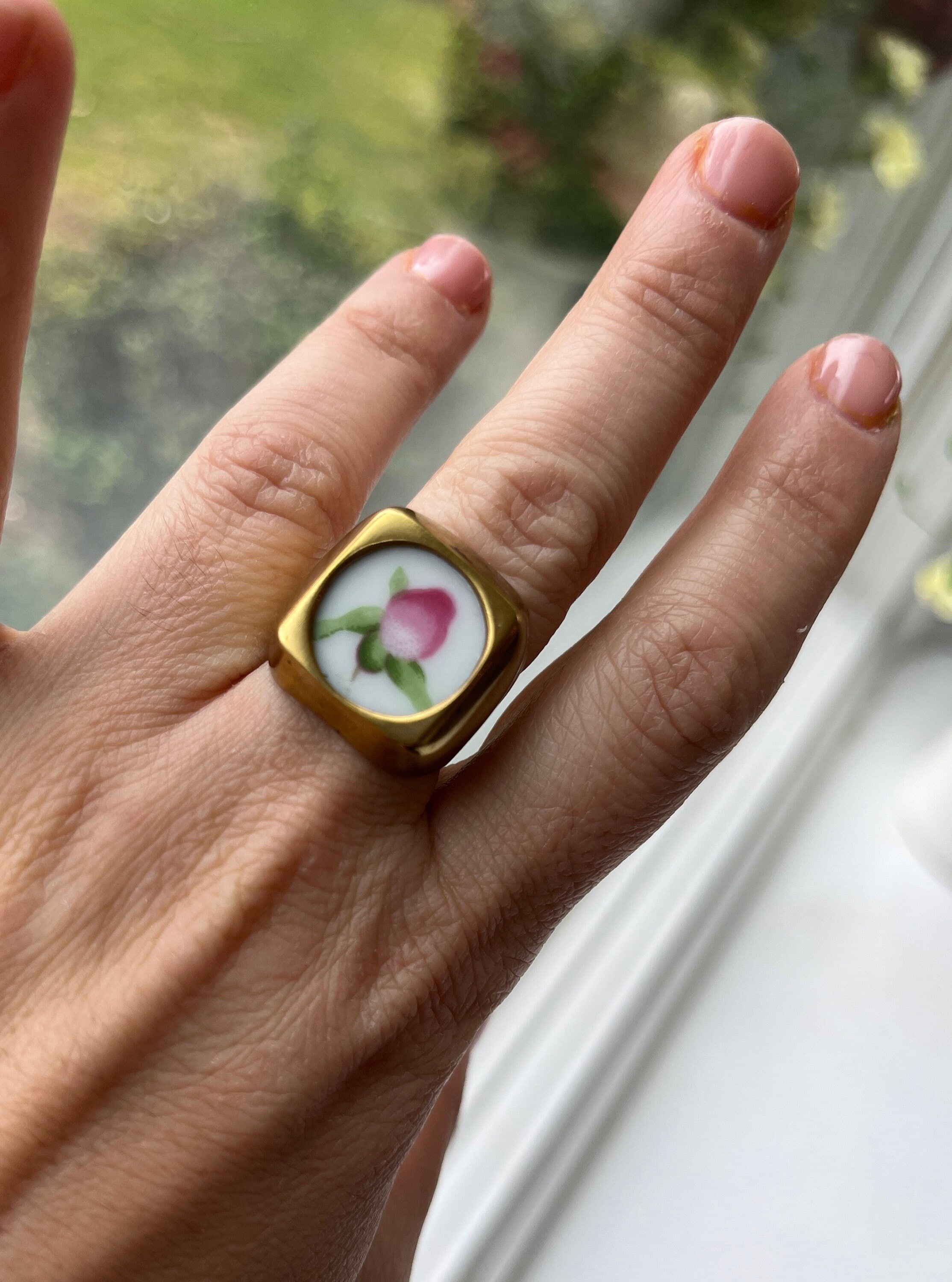 Handmade square bronze broken china plate vintage style ring with rose detail- size: 6