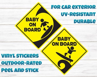 Surfer Baby on Board Car Sticker, Funny Surf Gift, 5" Weatherproof Vinyl Decal