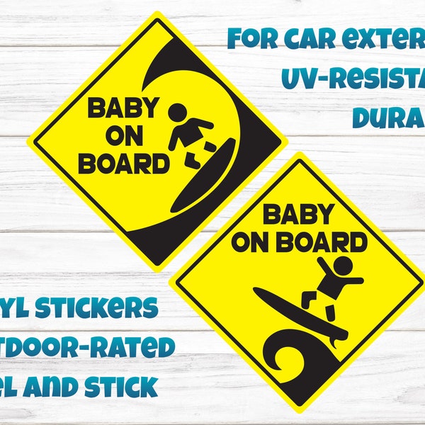 Surfer Baby on Board Car Vinyl Outdoor-rated Sticker 5 in x 5 in, Funny, Cool, Surfer Theme Baby Shower Gift