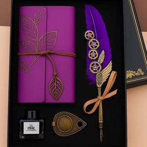 Vintage Calligraphy Gift Set – Feather Dip Pen, Ink Bottle & Leather Notebook – Handmade Romantic Writing Kit, Gift Box
