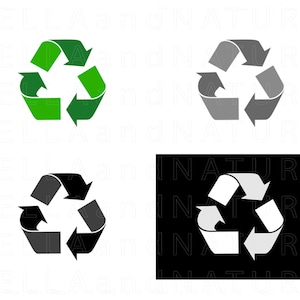 May include: Four different variations of the universal recycling symbol. The symbol is a green triangle with three arrows pointing in a circular motion, a grey triangle with three arrows pointing in a circular motion, a black triangle with three arrows pointing in a circular motion, and a white triangle with three arrows pointing in a circular motion on a black background.